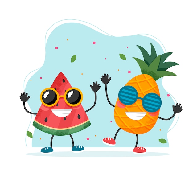 Vector cute pineapple and watermelon characters. colorful summer design.