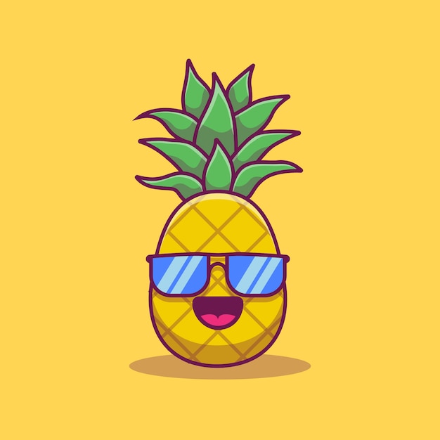 Симпатичные ананас в очках мультфильм значок иллюстрации. Летние фрукты значок концепции изолированы. Плоский мультяшный стиль