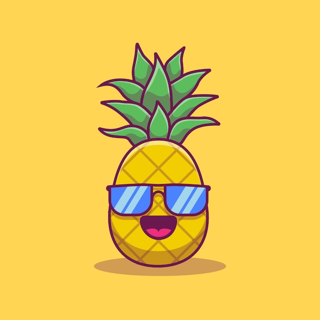 Cute pineapple wearing glasses cartoon   icon illustration. summer fruit icon concept isolated    . flat cartoon style