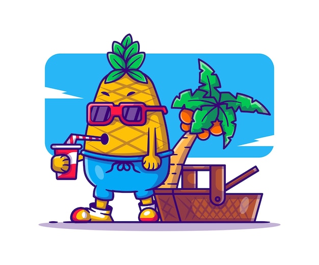 Vector cute pineapple with drink and picnic basket cartoon illustration