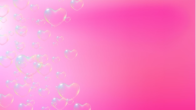 Cute pink background with rainbow colored heartshaped soap bubbles for valentine card vector