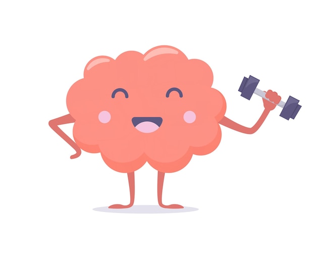 Cute pink brain character with dumbbell Mental health concept Brain training exercise