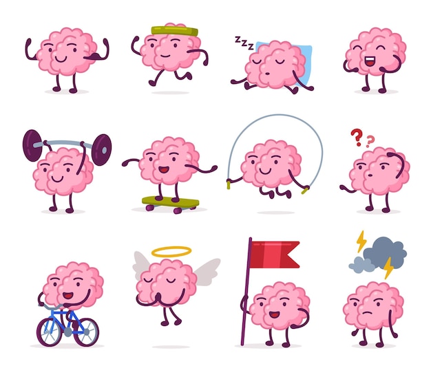 다양한 감정을 가진 귀여운 분홍색 뇌, 재미있는 인간 신경계 기관, 만화 캐릭터