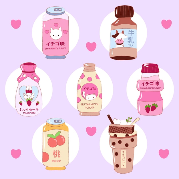 Vector cute pink and bue kawaii drinks illustrations