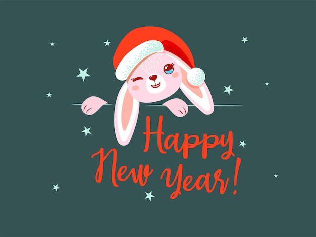 Cute pink bunny in a New Year's red hat with a pompom Lettering Happy New Year