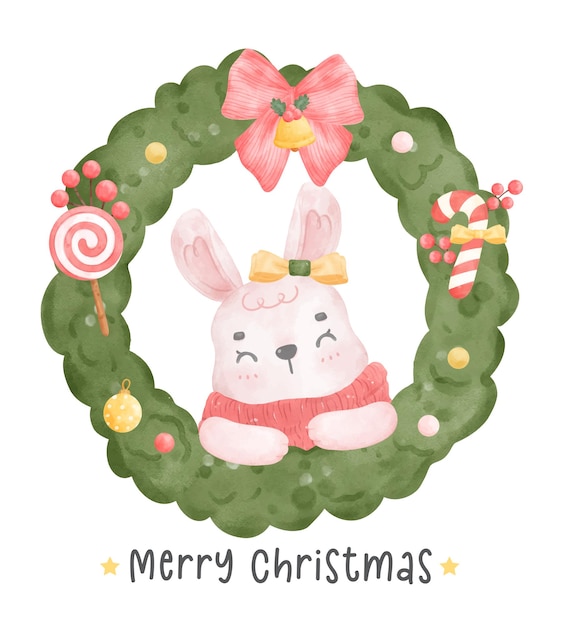 かわいいピンクのウサギは、クリスマス リース フレーム漫画文字水彩イラスト ベクトルでスカーフを着用します。