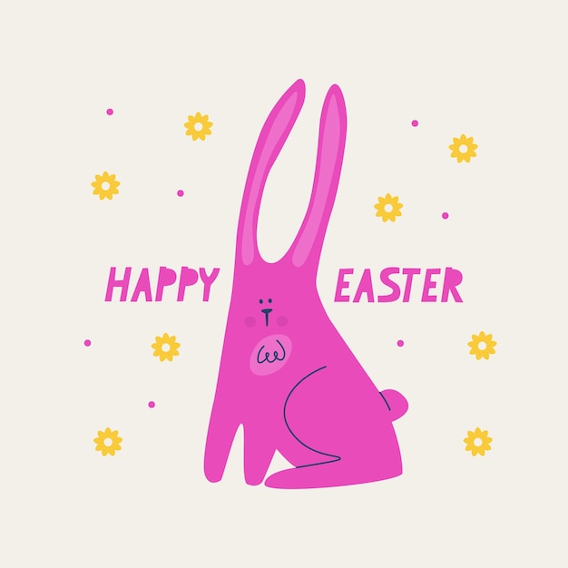 Cute pink bunny with long ears Happy Easter postcard Vector multicolored trendy illustration