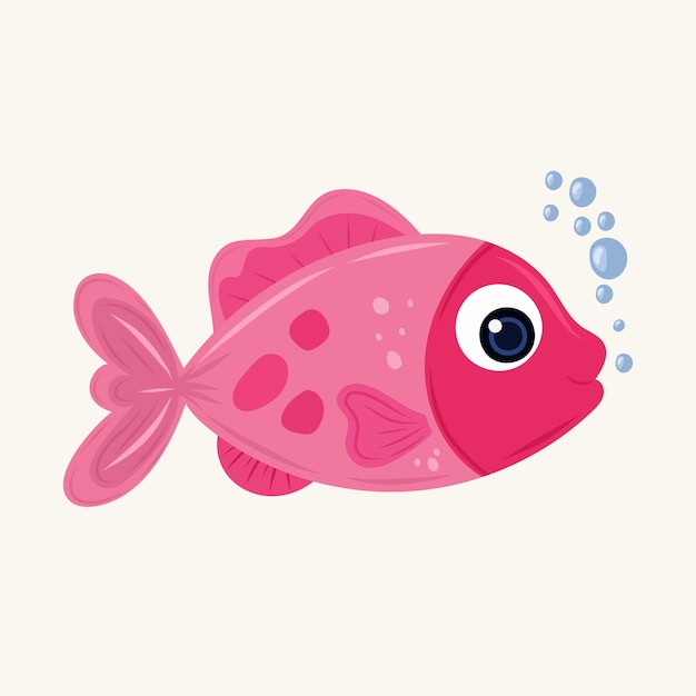 Vector cute pink cartoon fish illustration on gray background childrens cartoon theme