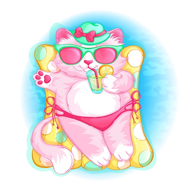 Милый розовый кот в шляпе лежит на надувном матрасе с коктейлем в ее лапу. летний отдых на море. детский мультипликационный персонаж.