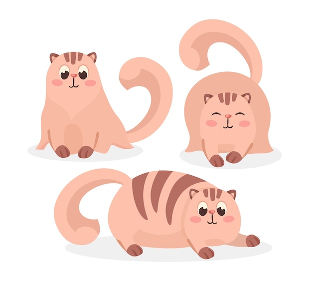 Cute pink comic cat with stripes vector illustrations set