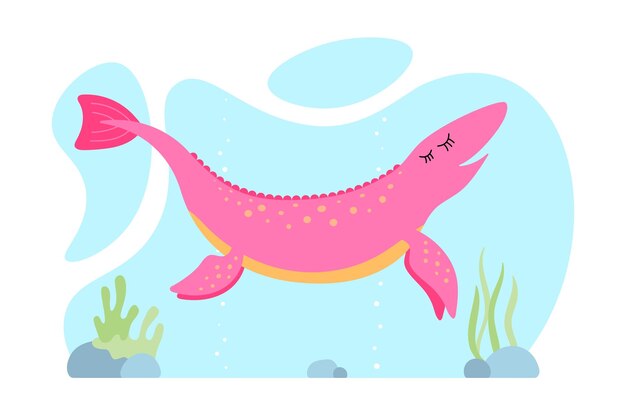 Vector cute pink dino kind smiling ichthyosaur dinosaur character cartoon large extinct marine ancient