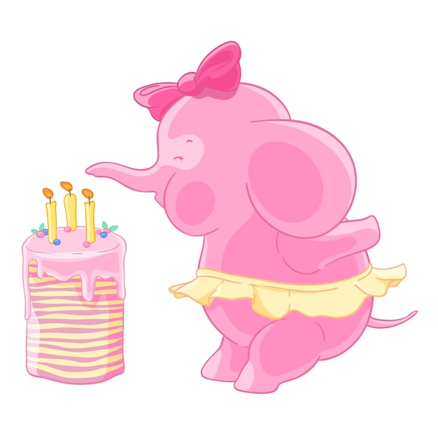 Vector cute pink elephant girl with bow and the skirt blows out candles on a birthday cake. makes a wish.