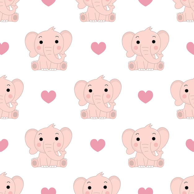 Cute pink elephant and hearts seamless pattern.