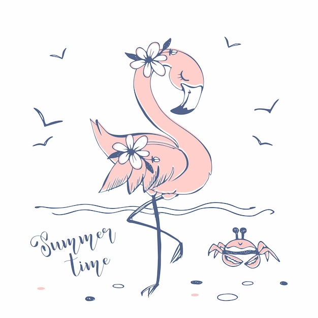 Cute pink flamingo on the sea beach vector