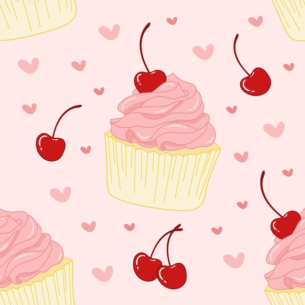 Vettore carino rosa cibo ciliegia cupcake seamless pattern