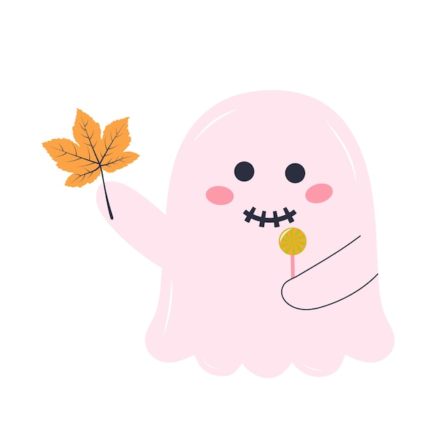 Cute pink ghost with lollipop and autumn leaf Halloween character isolated on white background