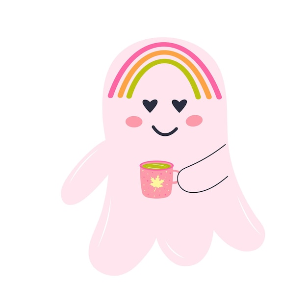 Simpatico fantasma rosa con una tazza di tè e un personaggio di halloween arcobaleno isolato su sfondo bianco