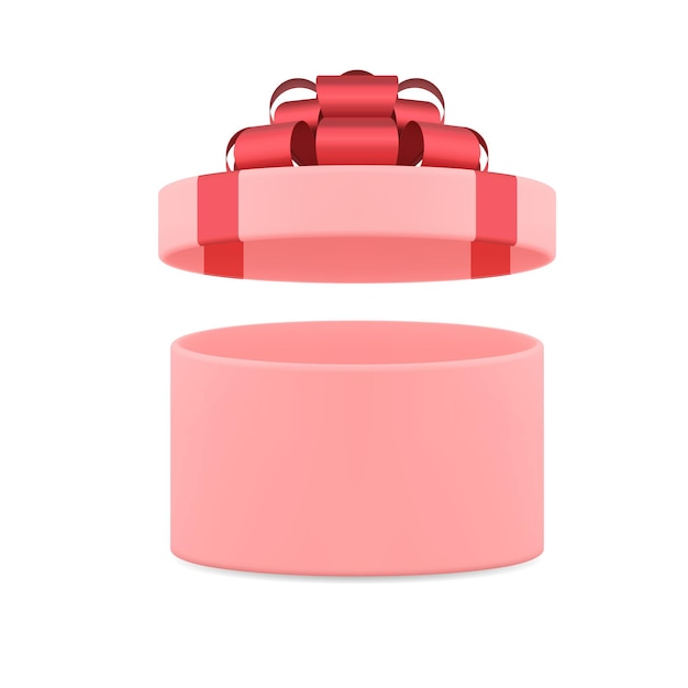 Cute pink girlish circled gift box with red ribbon and open cap unpacking decorative design vector