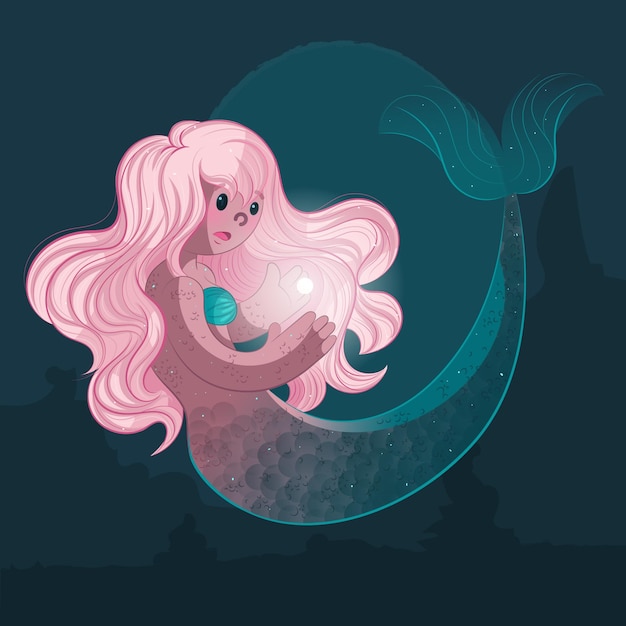 Cute pink hair mermaid girl under water with big tail deep ocean background shiny sea pearl