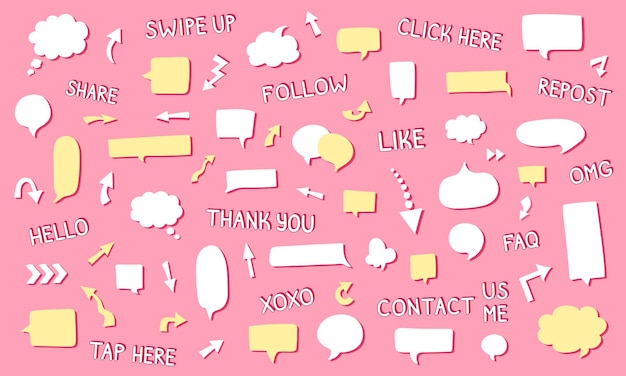 Graziose etichette con scritte a mano rosa, nuvole di chat disegnate a mano e frecce scarabocchiate per la storia dei social media, post