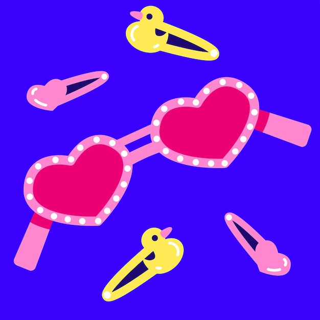 Vector cute pink heart shaped glasses y2k