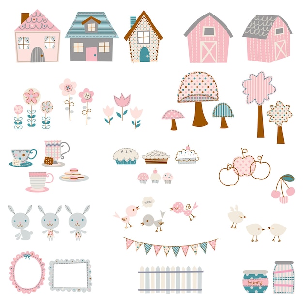 Vector cute pink home icon illustration with nature and farm drawing design