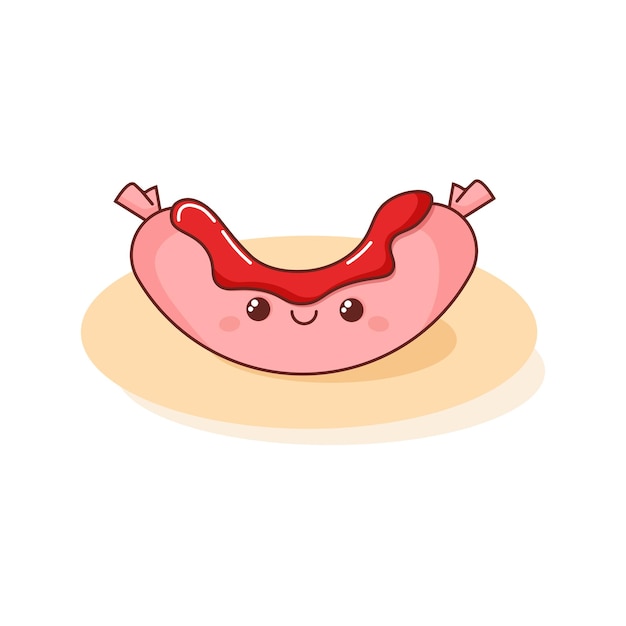 Cute pink kawaii sausage with ketchup