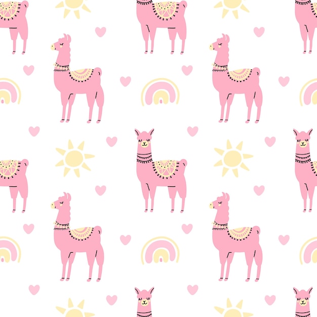 흰색 배경에 고립 된 태양 심장 무지개와 귀여운 핑크 라마 원활한 패턴