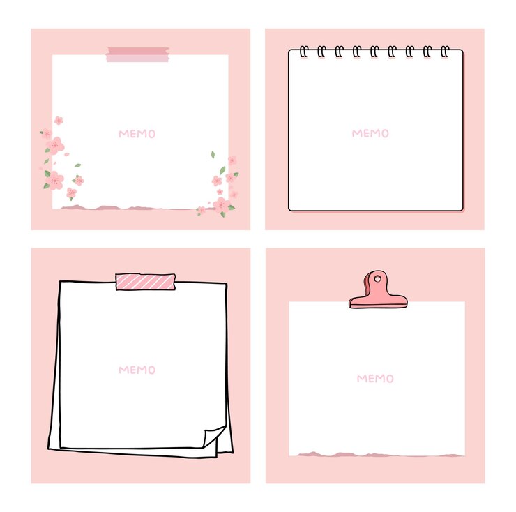 Vector cute pink memo notes with floral and clip designs
