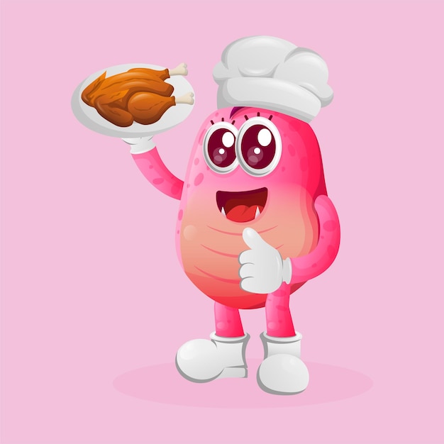 Vector cute pink monster chef serving food