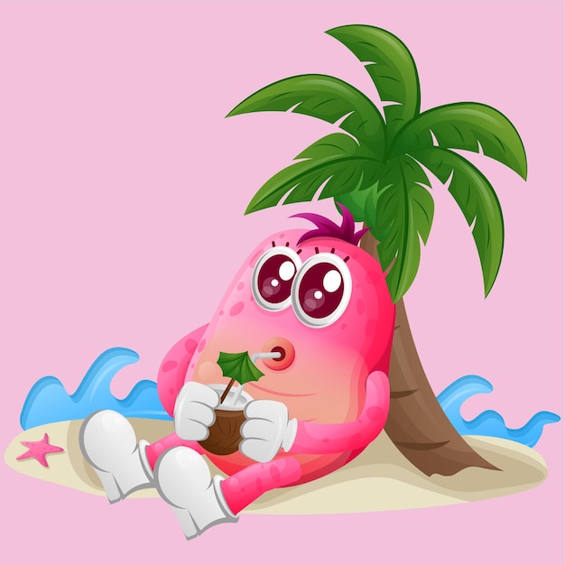 Cute pink monster drink coconut water under palm tree in the summer
