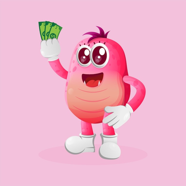 Cute pink monster holding money