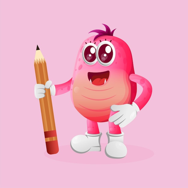 Cute pink monster holding pencil