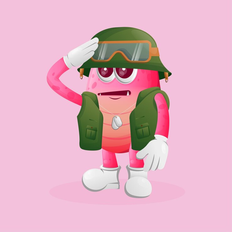 Vector 녹색 제복을 입은 귀여운 분홍색 괴물 군인