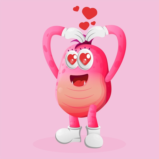 Vector cute pink monster with love heart sign hand