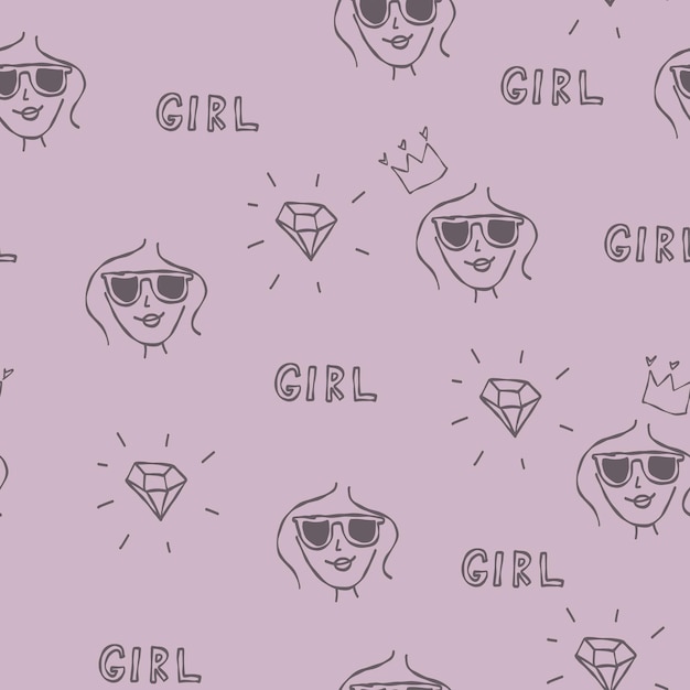 Cute pink pattern with line faces doodle girl crown diamond Seamless background textile