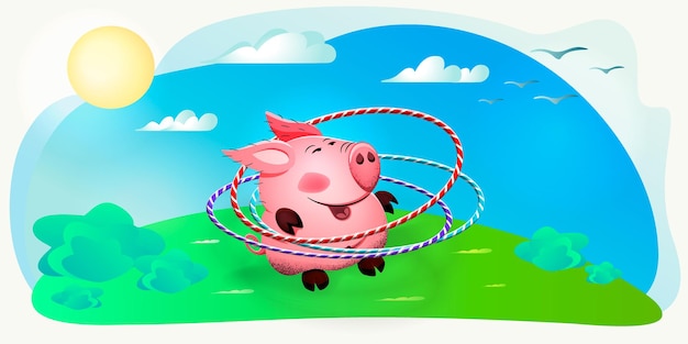 Vector a cute pink pig turns a hula hoop and does fitness and loses weight. healthy lifestyle and sports.