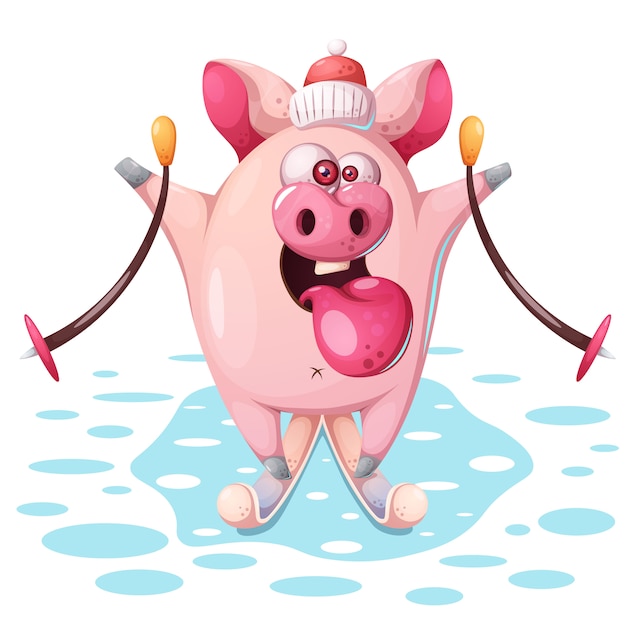 Vector cute pink pig with ski