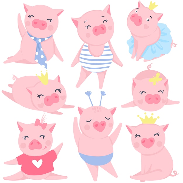 Vector cute pink pigs set