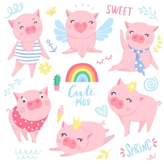 Cute pink pigs set