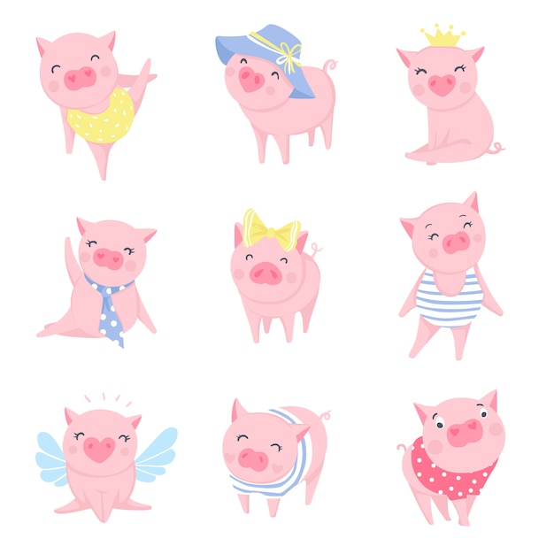 Cute pink pigs set