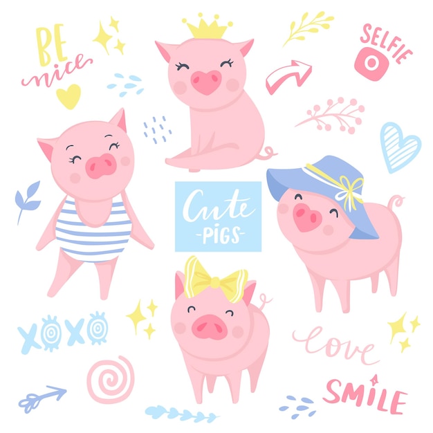 Cute pink pigs vector set. elements for new year's design. symbol of 2019 on the chinese calendar. pig illustration isolated on white. cartoon animals.