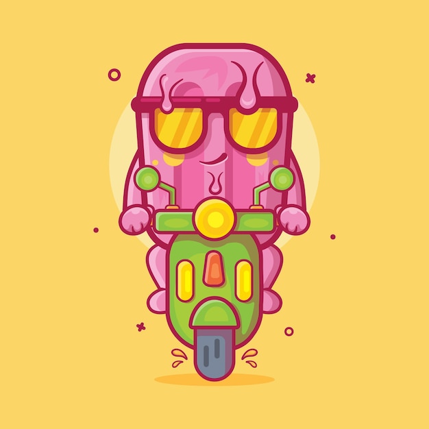 cute pink popsicle ice cream character mascot riding scooter motorcycle isolated cartoon