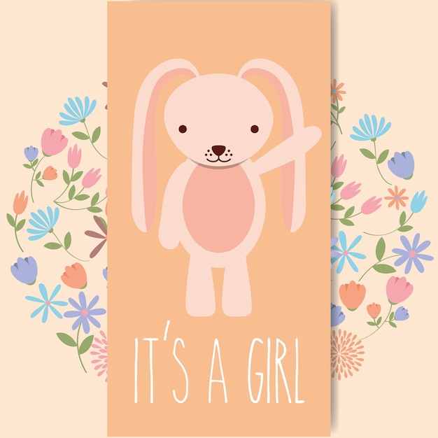 Vector cute pink rabbit baby shower its a gril card