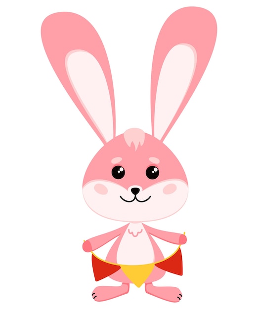 A cute pink rabbit is holding a garland of paper flags. vector illustration