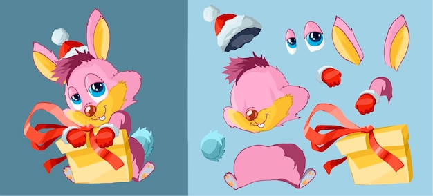 新年の帽子と新年の贈り物にかわいいピンクのウサギ。ボディパーツのセットです。漫画のキャラクター。古典的なhandmateベクトル図。孤立。アニメーション用のウサギ。