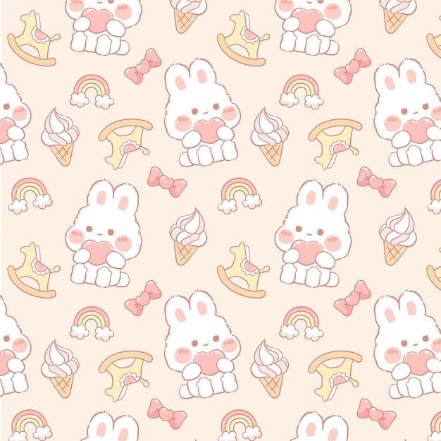 Vector cute pink rabbit pastel seamless pattern kawaii wallpaper