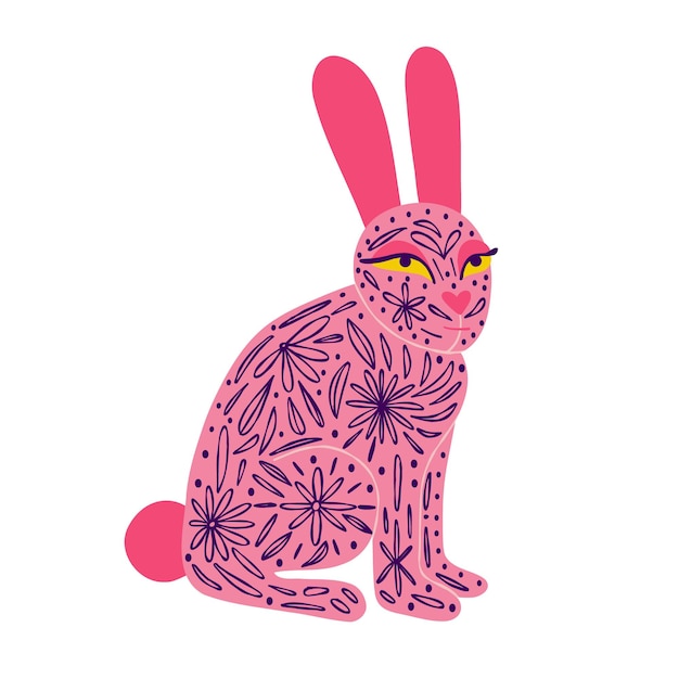 Cute pink rabbit with tattoos Illustration in a modern childish handdrawn style