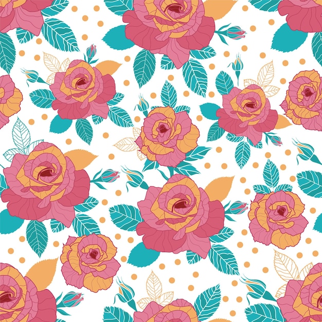 cute pink roses vector seamless pattern cyan leaves and line art orange leaves and white background