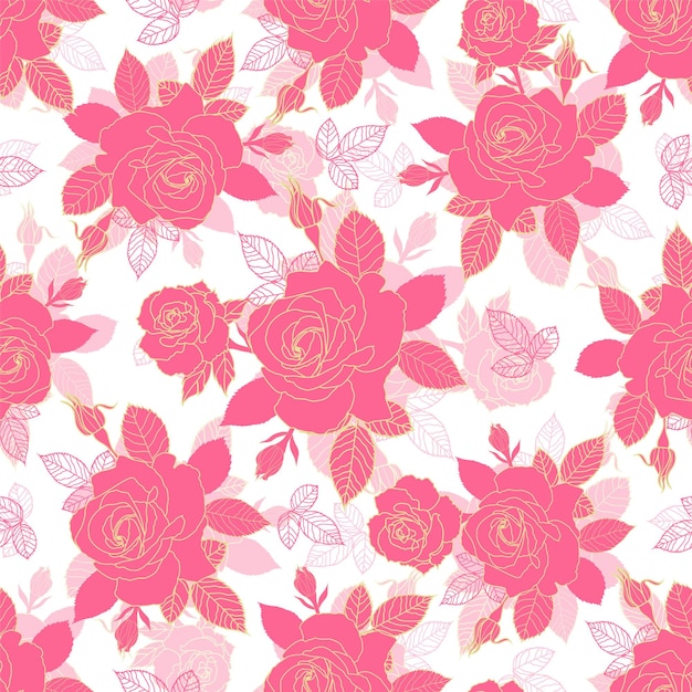 벡터 귀여운 분홍색 장미 터 원활한 패턴 분홍색 잎과 라인 아트 잎과 색 배경